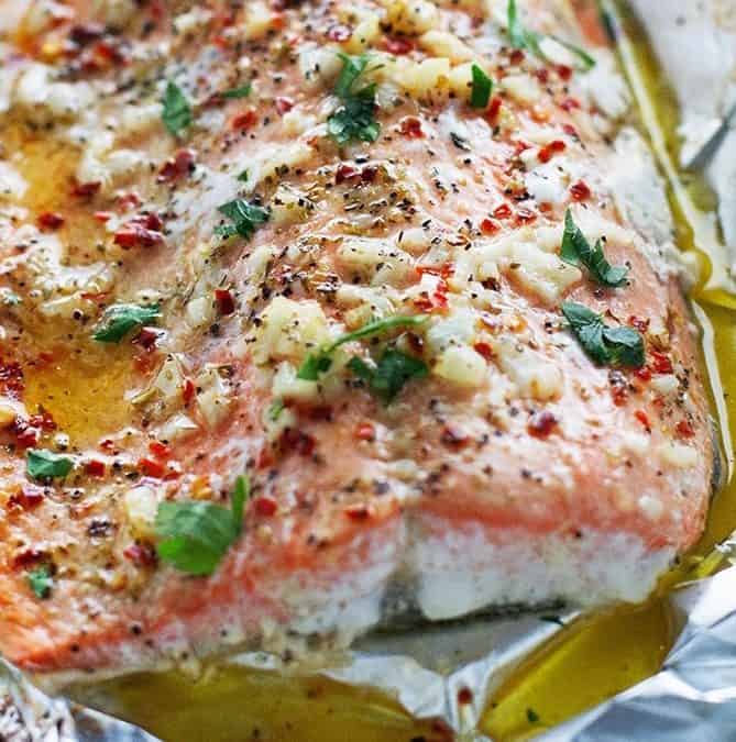 GARLIC BUTTER BAKED SALMON IN FOIL