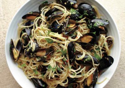 Spaghetti with Mussels, Lemon, and Shallots