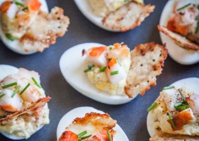 Lobster & Chives Deviled Eggs with Truffle Salt & Parmesan Crisp