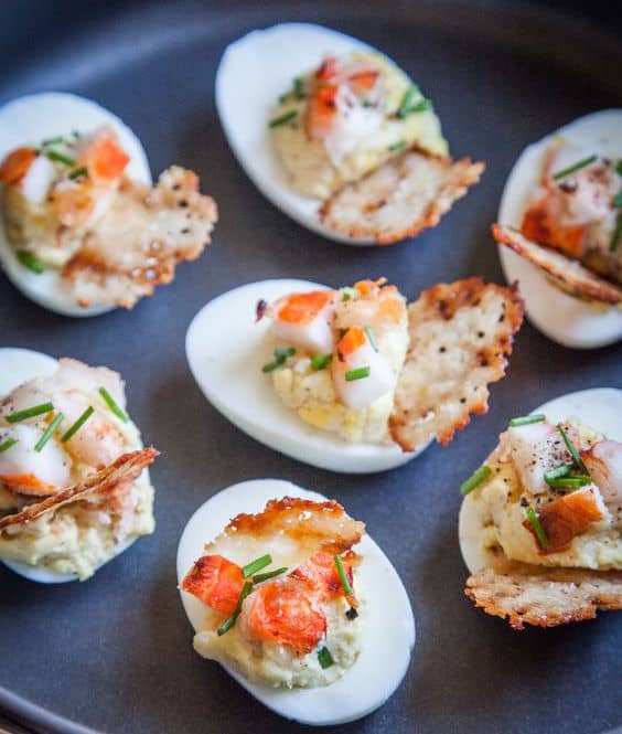 Lobster & Chives Deviled Eggs with Truffle Salt & Parmesan Crisp